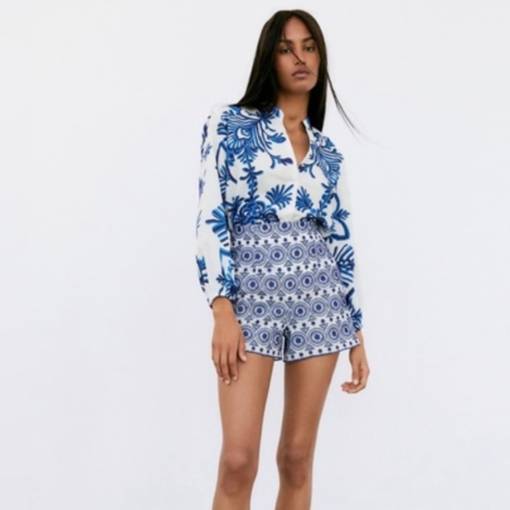 Zara Blue & White Embroidered Shorts